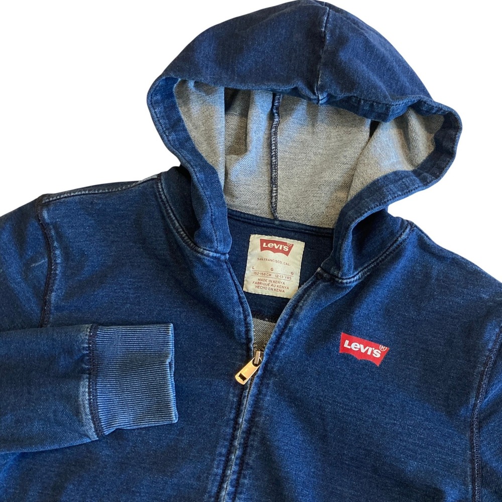 Levis Boys 12-13Y Large Indigo Blue Denim Look Full Zip Hoodie Sweatshirt